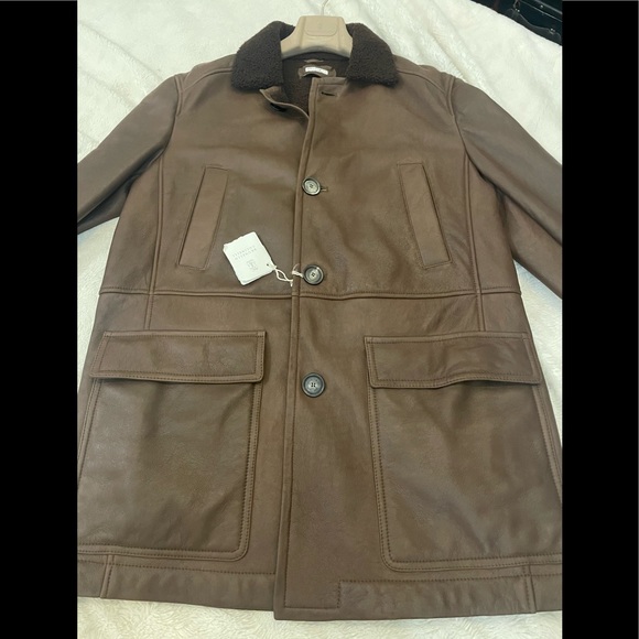 Brunello Cucinelli Mens Shearling Leather Brown Jacket Sz M - Picture 1 of 12